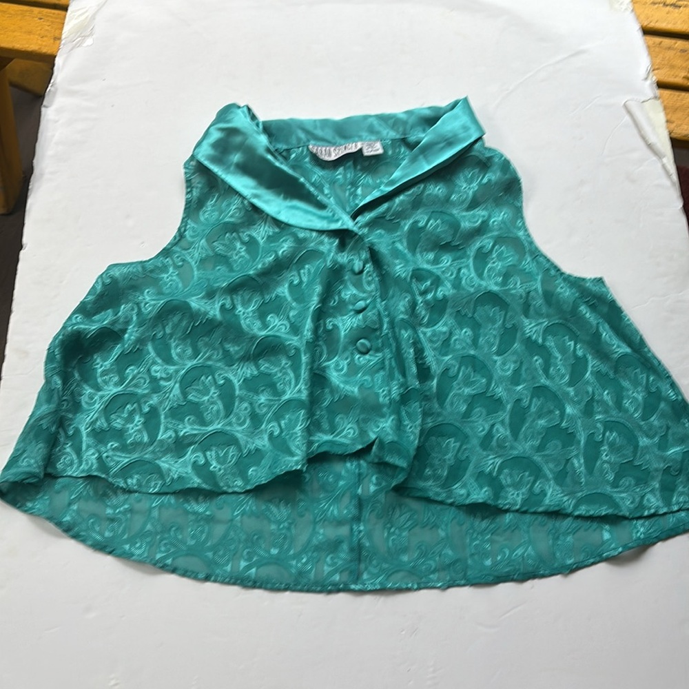 Vintage 90’s Collared Preppy Silky Teal Sleeveless Cropped Top Shirt Large Swing - Picture 5 of 17